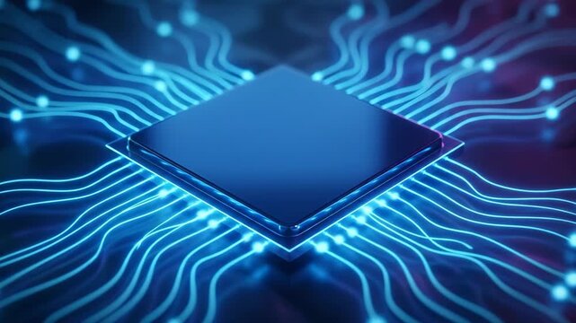 A futuristic microchip with glowing blue lights on a dark background in a high-tech video clip.