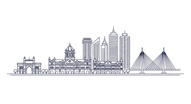 Mumbai city skyline illustration with Gateway of India and station landmark