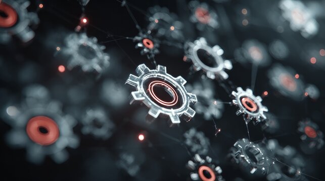 Floating gears interact through red lines in a dark space showing connection and movement