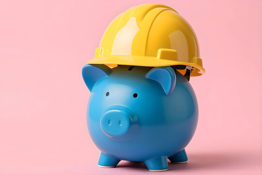 Blue piggy bank wears hard hat.