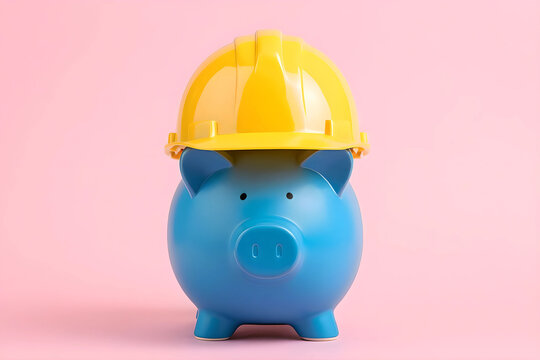 Blue piggy bank wears hard hat.