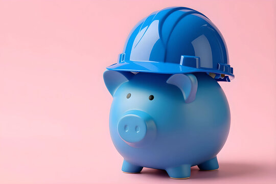 Blue piggy bank wears hard hat.