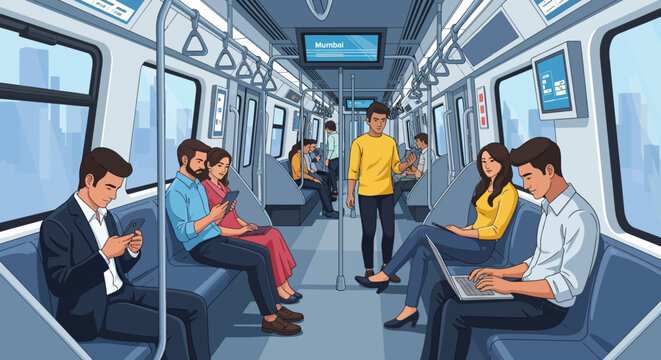 People using mobile devices and tablets inside a subway train carriage