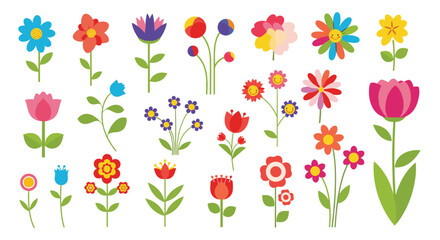 Obraz premium Diverse collection of simple and colorful cartoon flower icons with stems and leaves in various shapes and styles.