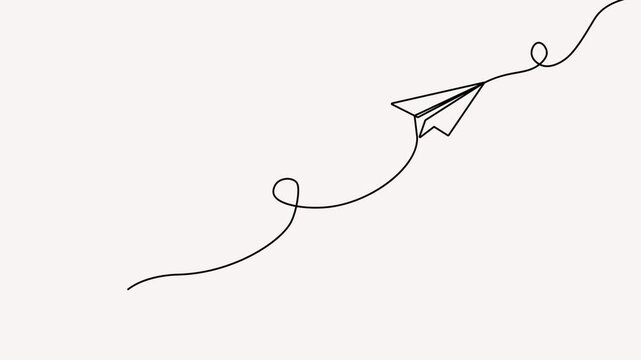 A clean, minimalist 4k animation of a paper plane created with a single continuous black line, flying across a neutral light background.