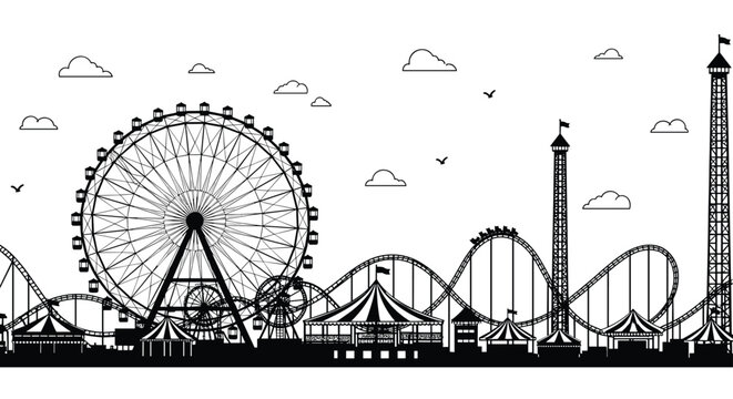 Detailed black and white panoramic silhouette of an amusement park featuring a ferris wheel and various roller coasters.