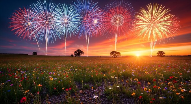 Stunning fireworks display over a blooming meadow at sunset.