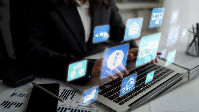 FAQ and online help icons show question, answer, and support system. FAQ improves online help experience, customer service quality, and FAQ knowledge access. Funnel