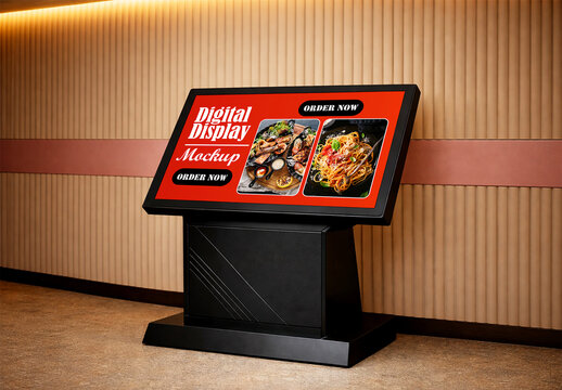 Digital Menu Kiosk Mockup in Restaurant Interior