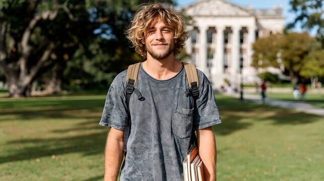 Young man with curly hair and backpack stands outdoors. He smiles gently, holding a stack of books. University building looms in the background. Grass and trees surround the scene