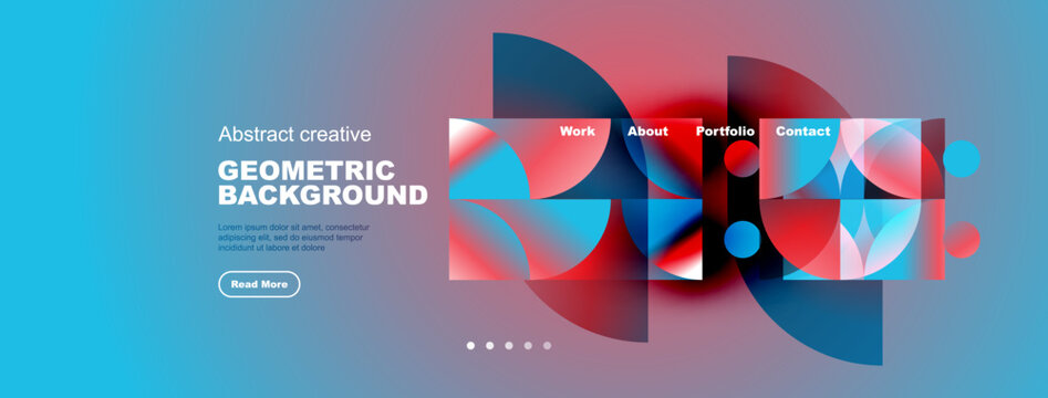 Modern website mockup features vibrant geometric shapes, blue gradient, navigation menu. Text promotes creative design solutions.