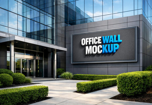 Horizontal Office Wall Billboard Mockup on Modern Glass Building