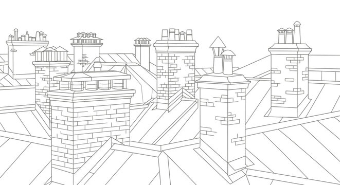 Architectural line art of vintage city rooftops and brick chimneys