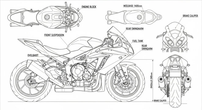 Detailed Motorcycle Blueprint Technical Drawing and Schematics.