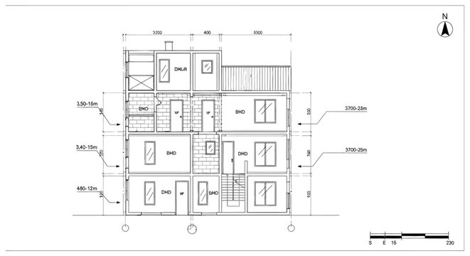 Architectural cross section blueprint of a multi story building