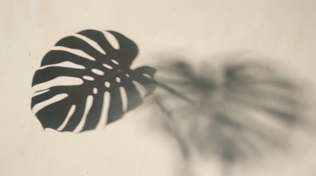 Monstera leaf casts shadow on wall beside another leaf