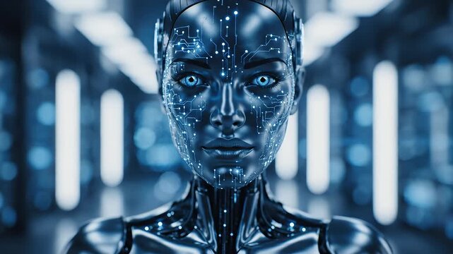 Cybernetic humanoid in futuristic corridor emphasizing advanced technology and cybersecurity