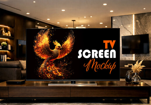 Modern Smart TV Screen Mockup in Elegant Dark Living Room
