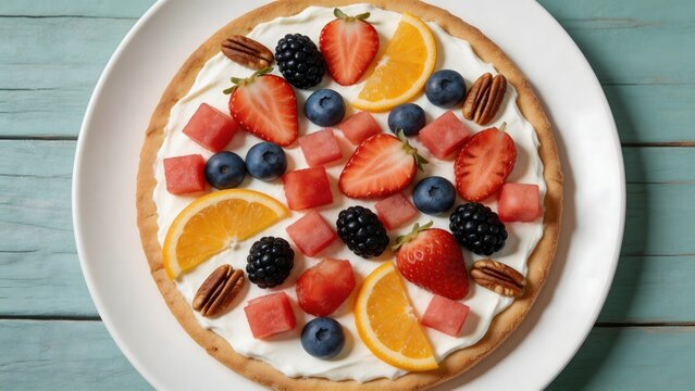 Fruit pizza with assorted berries and cream