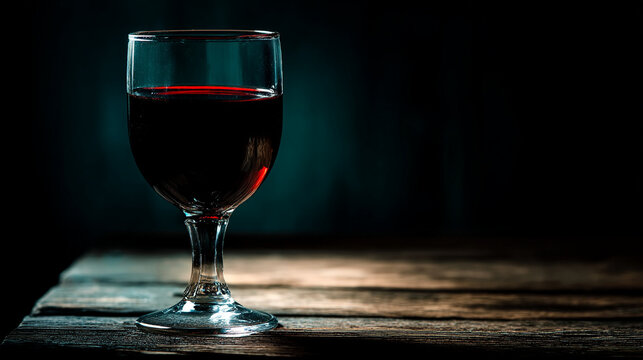 Glass of red wine on a rustic wooden surface in dim lighting with pinot noir beverage bordeaux