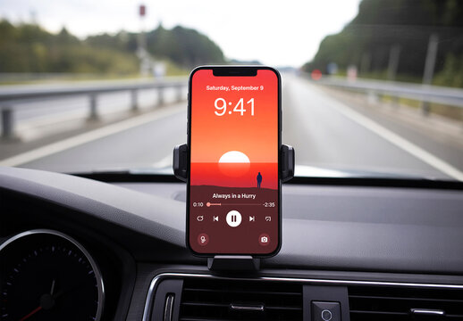 Modern Smartphone in Car Mount Mockup