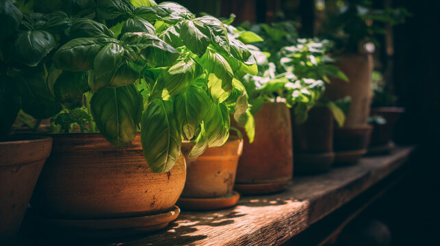 Row of basil plants growing in clay pots on a shelf with plant pot window sill home garden aromatic