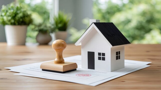 House model with stamp on real estate contract