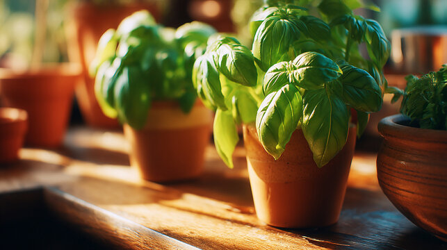 Close-up of small basil plants in clay pots on a wooden surface with plant pot window sill aromatic