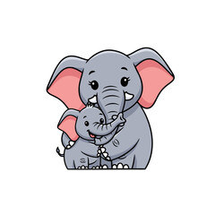 Fototapeta premium Cute cartoon mother elephant hugging her baby elephant.
