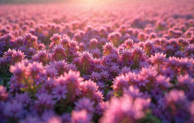 Obraz premium Pink purple tiny flowers carpet field. Soft light shines on dense bloom. Nature background texture, garden flora detail. Peaceful outdoor setting, natural beauty.