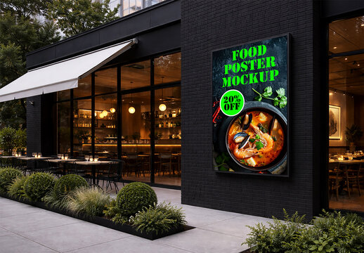 Outdoor Vertical Food Poster Mockup on Restaurant Wall