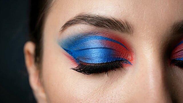 Close-up of a woman's eye with vibrant blue and red makeup, showcasing artistic expression and detail
