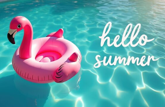 Pink flamingo pool float rests on bright blue water with text hello summer. Perfect for beach resort advertising party invites or vacation promos.