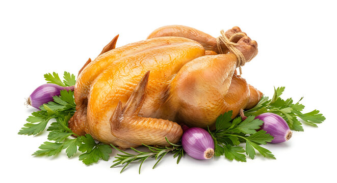 Roasted chicken with herbs and vegetables on a bed of greens