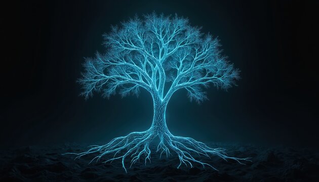 Abstract glowing blue tree structure with intricate roots against dark background. Futuristic digital tree branches and network lines symbolize growth and connection.