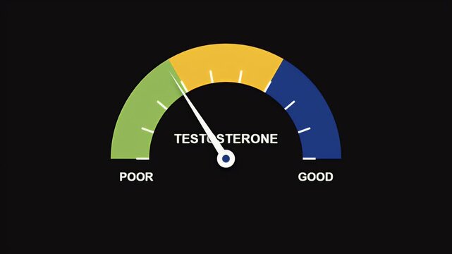 Medical animation of a testosterone gauge needle moving from low poor levels to high good levels