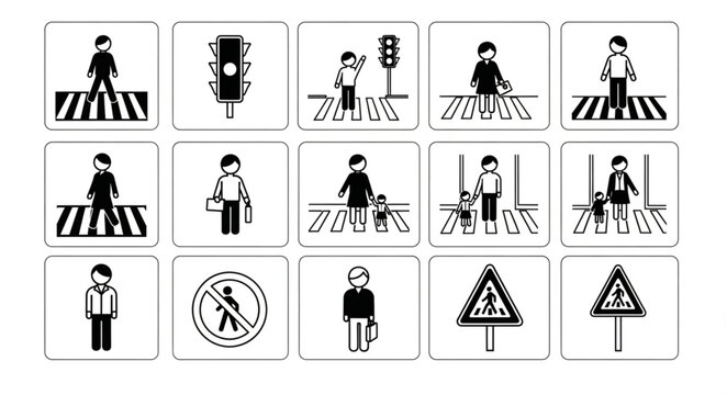 Collection of Pedestrian Crossing and Traffic Signal Icons.