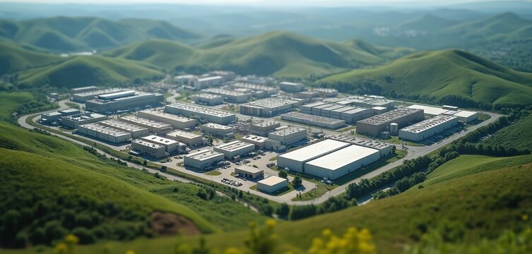 Aerial overview of vast industrial park nestled among green rolling hills. Multiple warehouses, manufacturing plants form sprawling complex. Roads, parking lots connect diverse buildings within