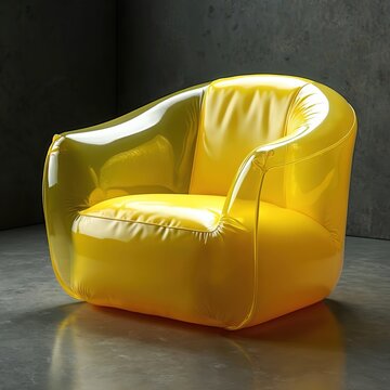 Bright yellow inflatable armchair sits on concrete floor. Transparent plastic furniture creates modern abstract interior design. Futuristic seat offers comfort and style.