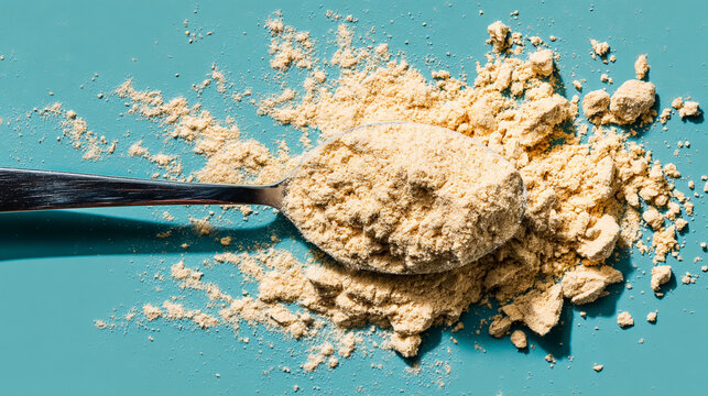 Nutritional protein powder or maca root supplement on metal spoon over blue background with supplement