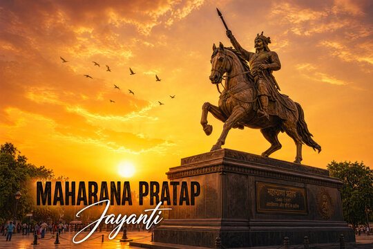 Maharana Pratap statue on horseback at sunrise
