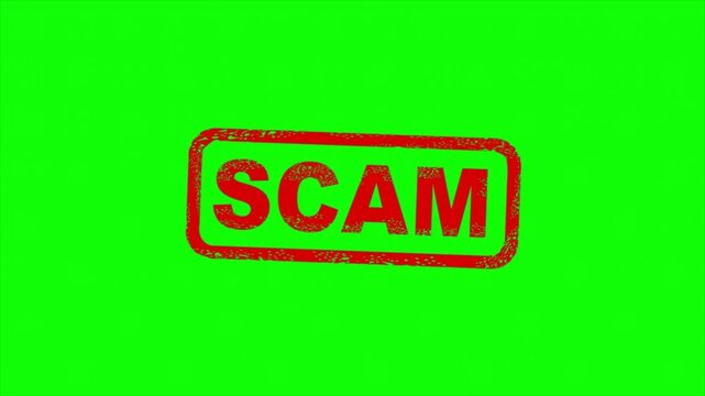 Scam warning stamp on green screen background fraud alert concept red grunge label fake message risk sign security awareness 4k animation backdrop