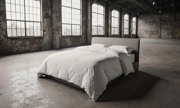 Bed industrial loft featuring a neatly made white duvet inside an empty factory hall for minimalist interior design