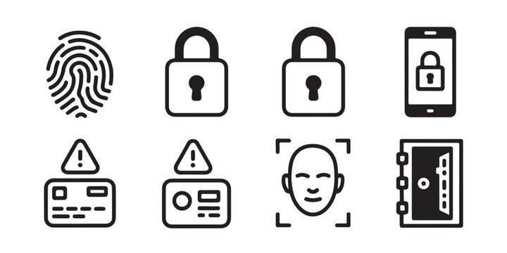 Cybersecurity and access control icons with fingerprint, locks, credit card, face scan, safe