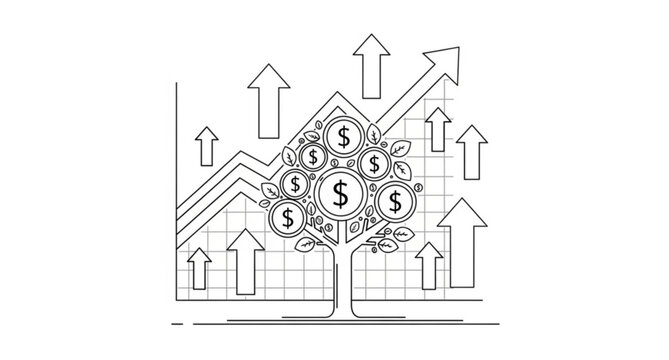 Businessman watering money tree from growth chart line art vector illustration isolated on white background