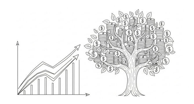 Continuous line business growth chart turning into money tree vector illustration isolated on white background