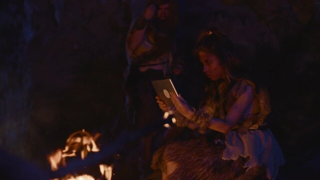 A caveman uses modern technology at a campfire at dusk, blending ancient and modern