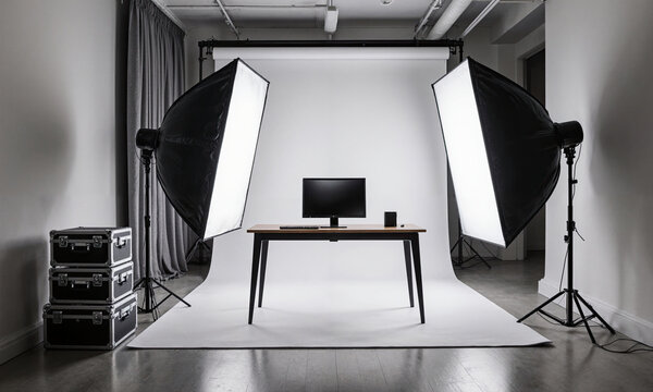 Photography studio workspace featuring a wooden desk with a computer monitor set against a white backdrop with professional softbox lighting