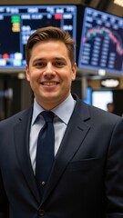 Fototapeta premium A well-dressed man with a confident smile, symbolizing the financial and economic world of stock trading.