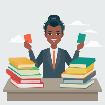 Businesswoman holding cards and books